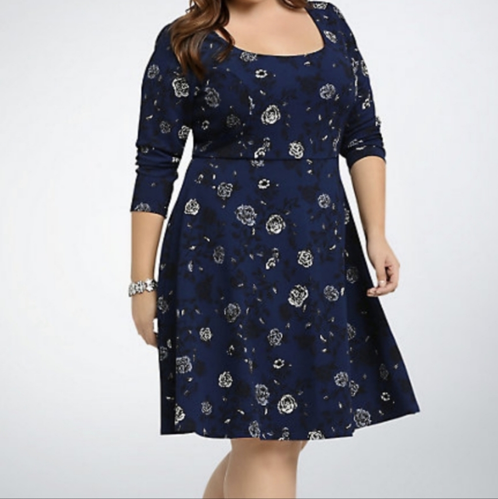Blue Floral Textured Printed Skater Dress